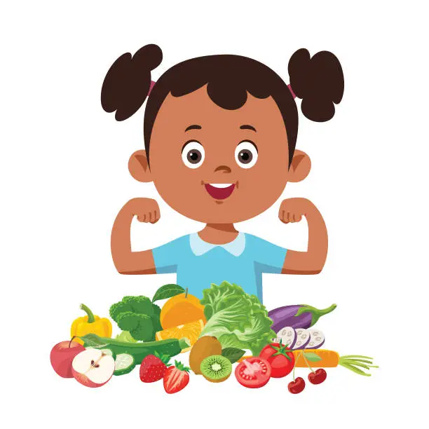 Vector illustration of Cute girl eating fresh vegetables and fruits.