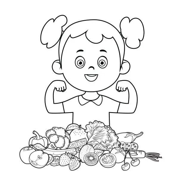 Vector illustration of Happy child eating natural and organic foods.