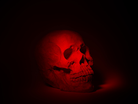 Scary grunge skull, horror wallpaper with spooky skull in red light, Halloween.