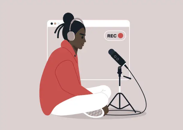 Vector illustration of Casual Home Podcast Recording in Progress, An individual slouches comfortably while recording a new episode, capturing a relaxed, creative moment