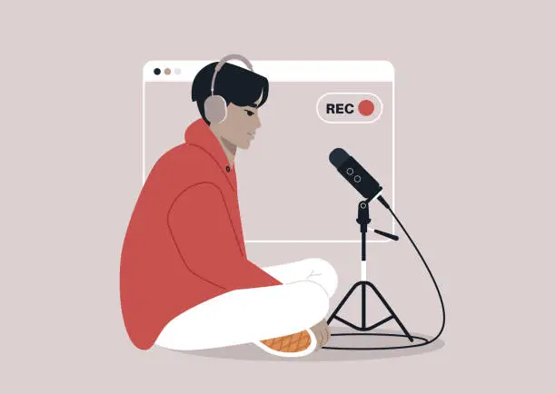 Vector illustration of Casual Home Podcast Recording in Progress, An individual slouches comfortably while recording a new episode, capturing a relaxed, creative moment