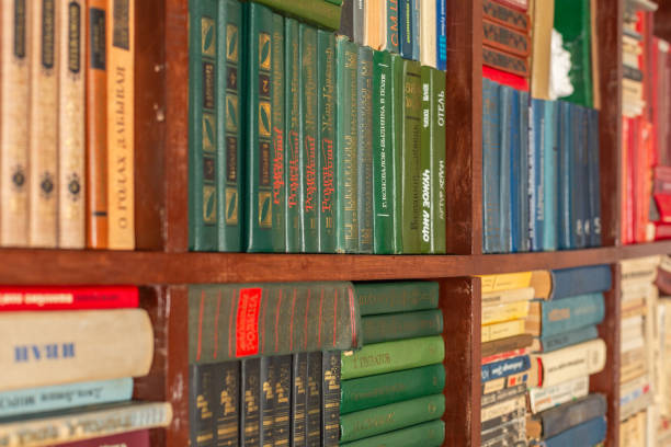 Books on a wooden shelfs. Bookshelf background