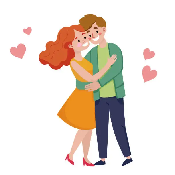 Vector illustration of A couple in love hugging, kissing. Romance, a date. On a white background.