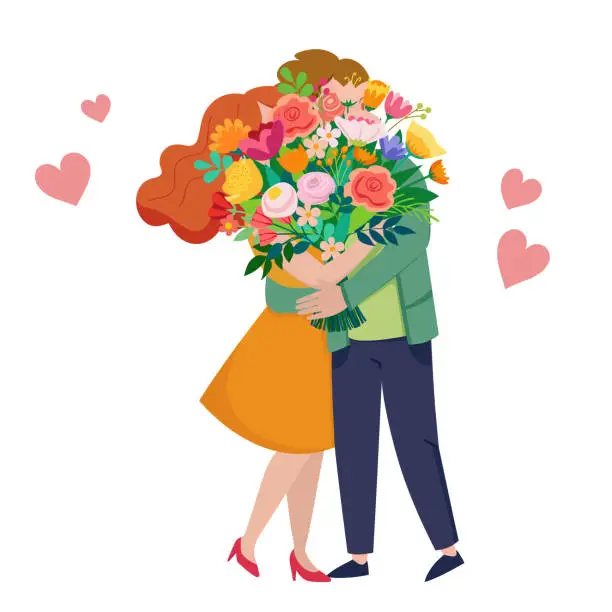 Vector illustration of WebA couple in love hugging, kissing. Hiding behind a large bouquet of flowers. Romance, a date.