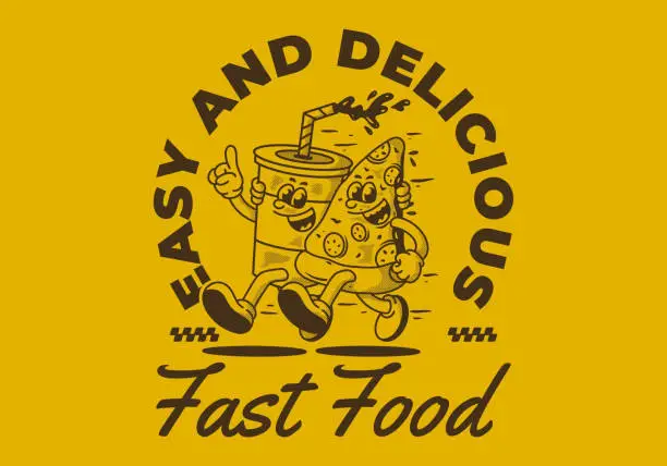 Vector illustration of Fast food, easy and delicious. Character illustration of running pizza and soft drink