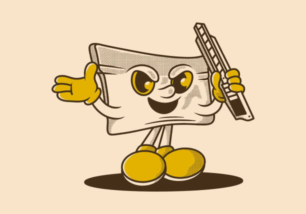 Vintage illustration of squeege mascot character holding a cutter Vintage illustration design of squeege mascot character holding a cutter skeloton hand stock illustrations