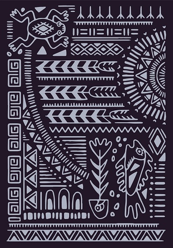 Abstract ethnic ornament, wall art. Ancient Inca geometric background, poster. Traditional Maya print, Cherokee pattern, Aztec symbols, tribal Peruvian elements on carpet. Flat vector illustration.