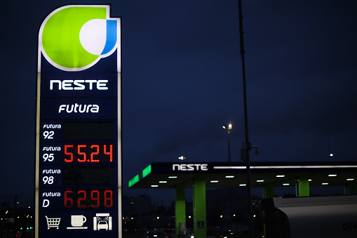 Russia, St. Petersburg - March 3, 2023: NESTE gas station in the evening