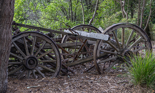 Santa Fe Style: Old Wood Wagon Wheel Against Coyote Fence