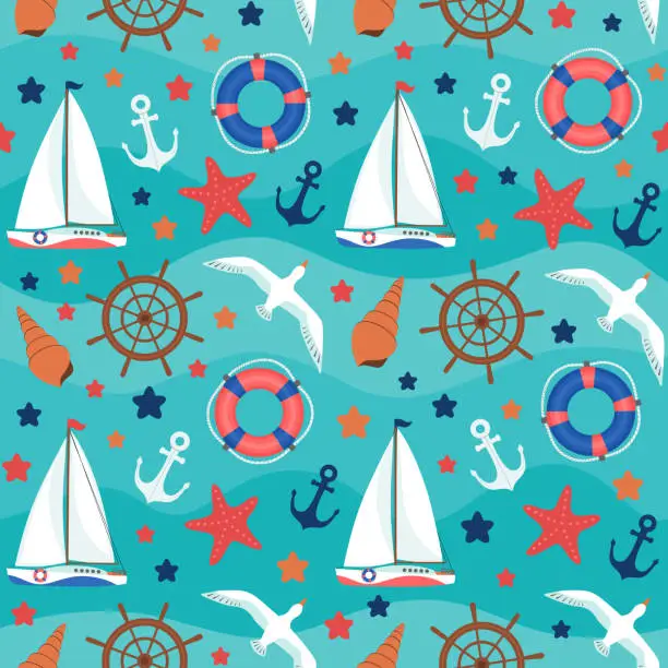 Vector illustration of Sea life seamless pattern nautical objects on turquoise wavy background.