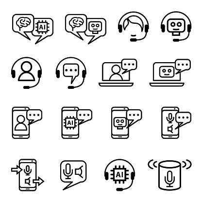 Single color isolated icons of virtual and human customer service assistance