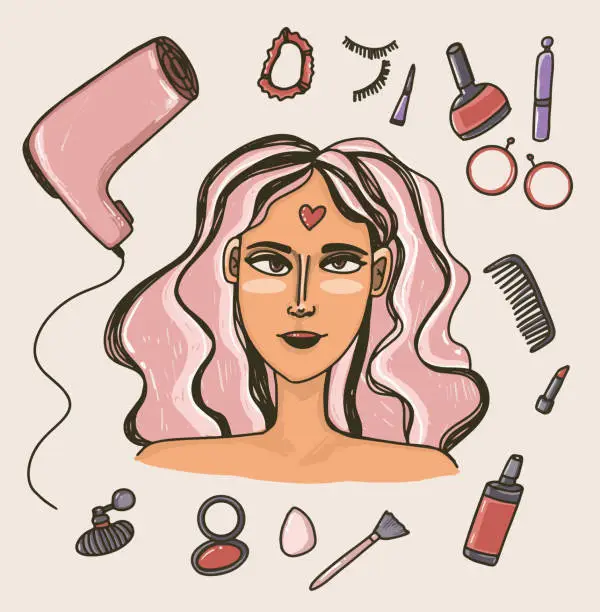 Vector illustration of Girl with the pink hair and the feminine things around her, feminine routine.