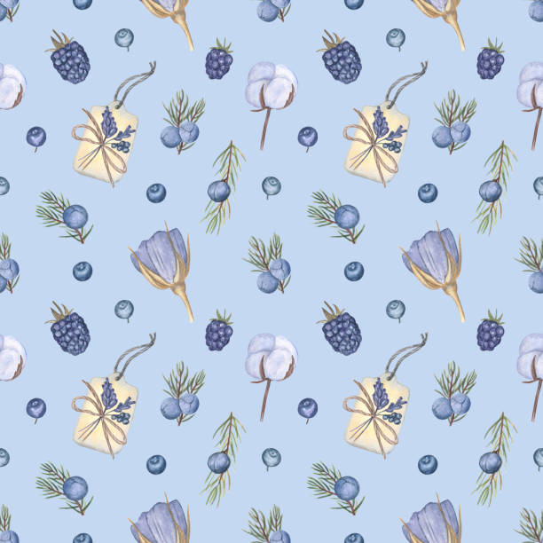 라벤더 장미와 열매가 있는 블루 컬러 팔레트의 원활한 패턴 - blue background french culture european culture france stock illustrations