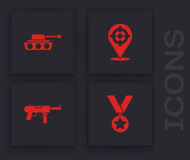 Vector illustration of Set Military reward medal, tank, Target sport and Submachine gun M3 icon. Vector