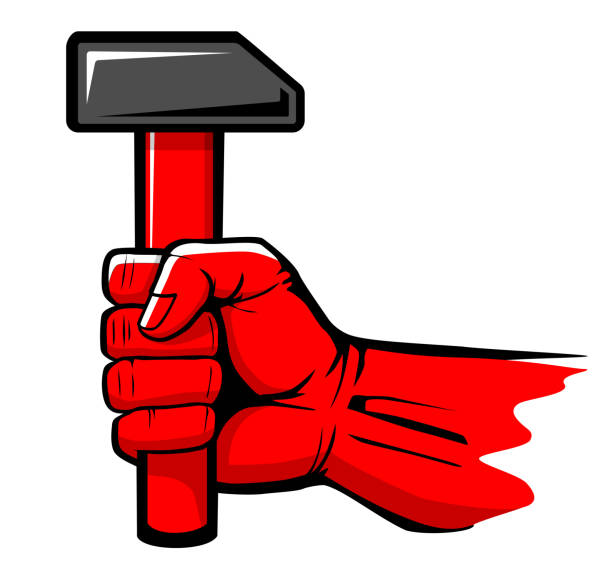 Red hand hold hammer Red hand hold hammer. Template for Labour day, May worker holiday. Vector on transparent background arm hammer stock illustrations