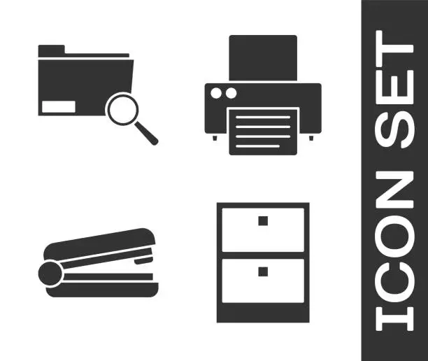 Vector illustration of Set Archive papers drawer, Search concept with folder, Office stapler and Printer icon. Vector