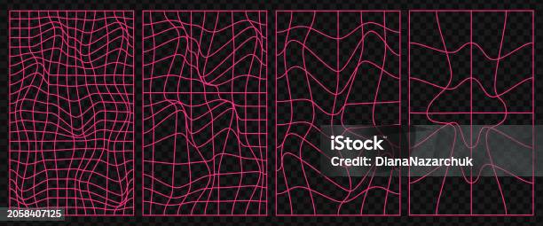 Distorted Rectangular Shapes Distorted Neon Grid Set Shapes Deformed Vector Figures Y2k Style Retro ...