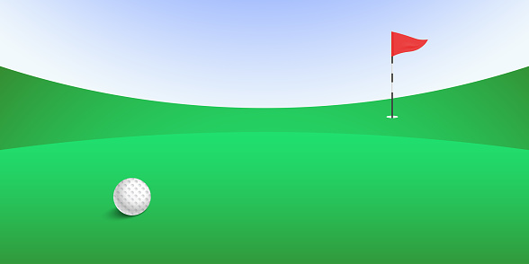 Golf ball near the hole with a red triangle flag on a lush green course on a blue sky background, vector illustration.