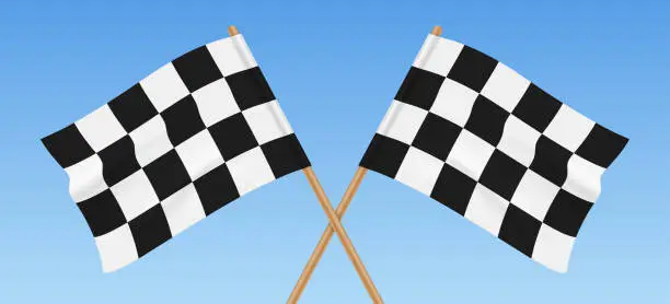 Vector illustration of Two checkered flags crossed on a blue sky background, vector illustration