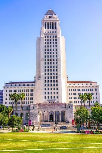 A view of Los Angeles City Hall, taken from Gloria Molina Grand Park.