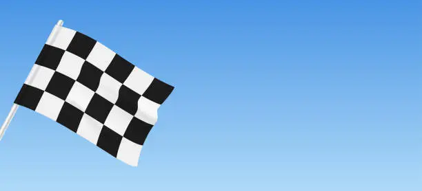 Vector illustration of Checkered flag hanging against blue sky background, vector illustration