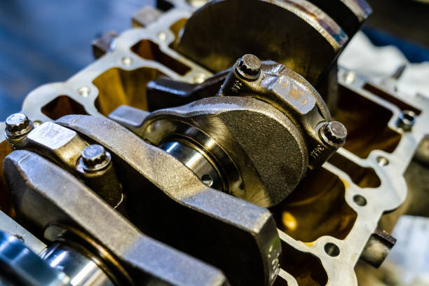 istock 3-cylinder engine block with crankshaft. near view 2058421177