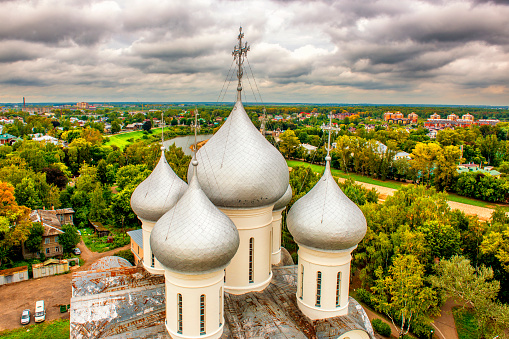 St. Sophia Cathedral The oldest surviving stone structure in Vologda. Five silver domes are topped with Orthodox crosses. In the background is a panorama of the city.