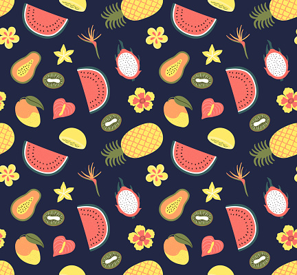 Hand drawn seamless pattern with bright tropical fruits, on a dark blue background. Vector illustration. Flat style design. Concept for textile print, wallpaper, wrapping paper.