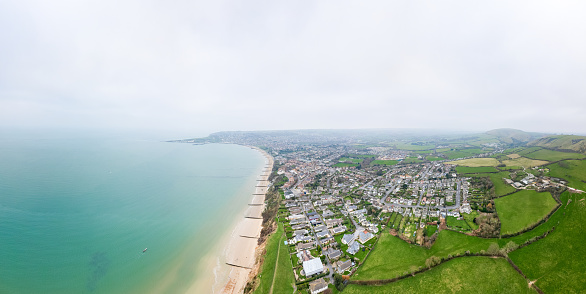 Aerial Panorama of Swanage, Dorset, England in a misty day