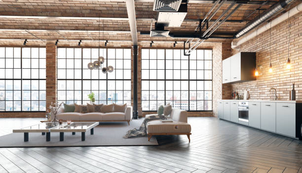 istock A modern loft living room with a couch, a kitchen 2058453219