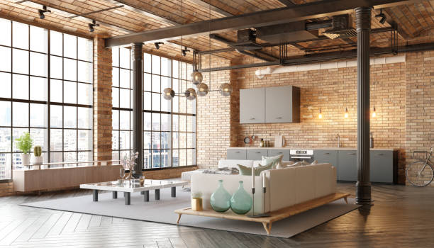 istock A modern loft living room with a couch, a kitchen 2058453222