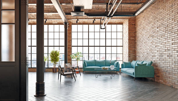 istock A modern loft living room with a couch, a coffee table 2058453471