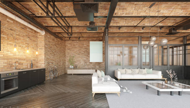 istock A modern loft living room with a couch, a kitchen 2058453725