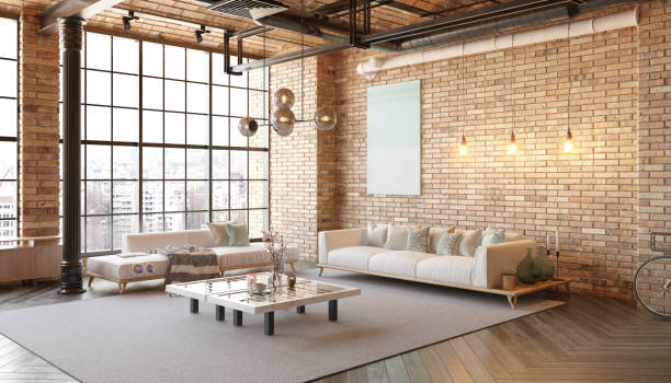 istock A modern loft living room with a couch, a coffee table 2058453733