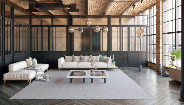 istock A modern loft living room with a couch, a coffee table 2058453734