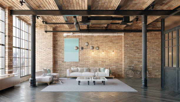 istock A modern loft living room with a couch, a coffee table 2058453739