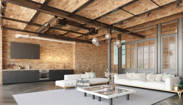 istock A modern loft living room with a couch, a kitchen 2058453742