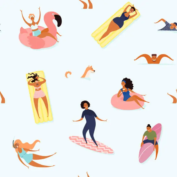 Vector illustration of Swimming people seamless pattern