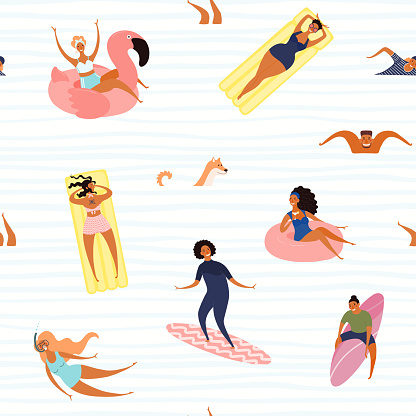 Hand drawn seamless vector pattern with happy young people in the sea, swimming, surfing, sunbathing, on a waves background. Flat style design illustration. Concept for textile print, wallpaper, paper