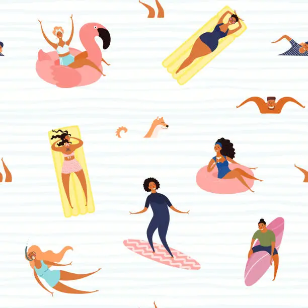 Vector illustration of Swimming people seamless pattern