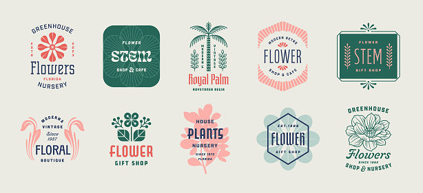 Botanical badges and labels. Floral modern retro badges and labels. Modern vintage frames and labels.