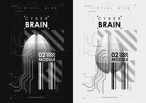 Black and white technology background with a brain. technology brain circuit poster.cyberspace poster,cyber robot processor background,connect circuit poster. HUD ui template.