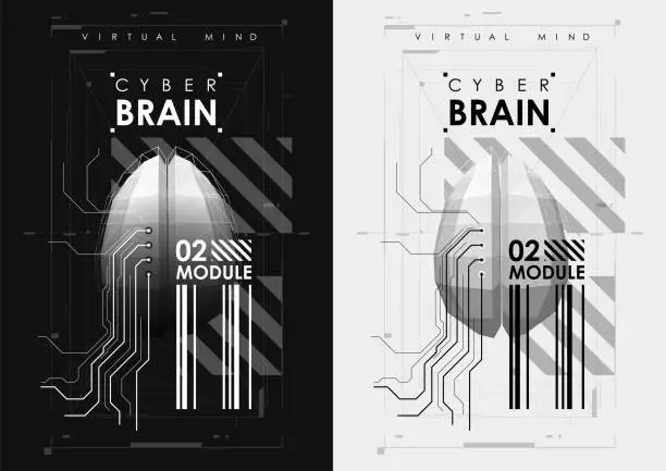 Vector illustration of Black and white technology background with a brain. technology brain circuit poster.cyberspace poster,cyber robot processor background,connect circuit poster. HUD ui template.