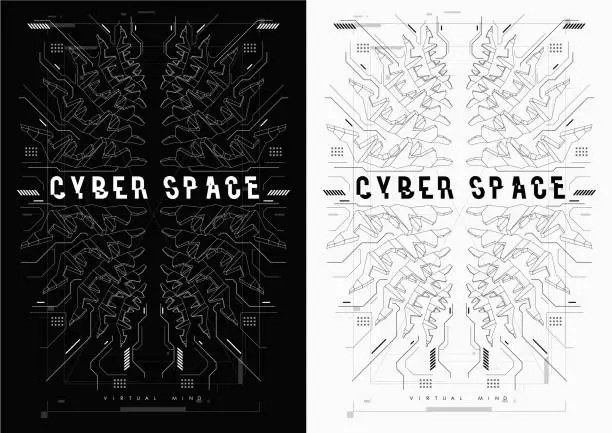 Vector illustration of Cyberpunk futuristic poster. Tech Abstract poster template with HUD elements. Modern flyer for web and print. hacking, cyber culture, programming and virtual environments.