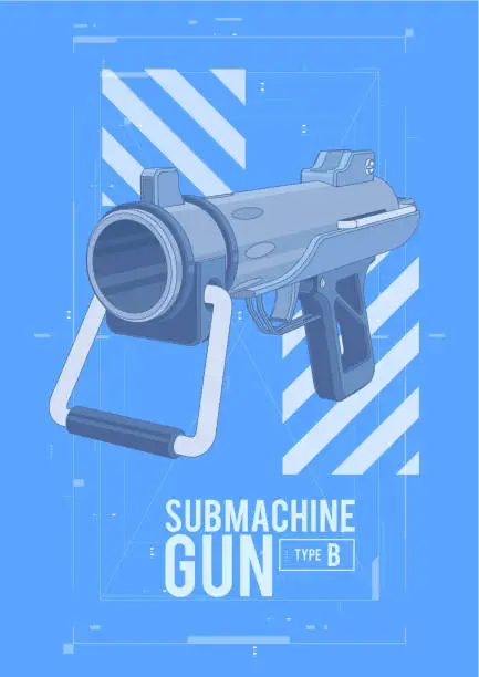 Vector illustration of Vector Sub Machine Gun HUD Design Vector Illustration. Weapon design poster for website, book cover, mobile app, and games.