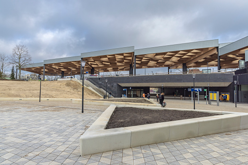 Ede, The Netherlands - March 1, 2024: New Ede-Wageningen Central Station, which was developed based on sustainability principles.