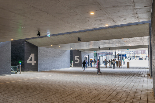 Ede, The Netherlands - March 1, 2024: Passage to railway platforms at new Ede-Wageningen Central Station in The Netherlands