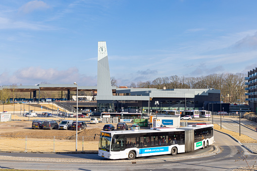 Ede, The Netherlands - March 1, 2024: Bus leaving from new Ede-Wageningen Central Station immediately after the opening.