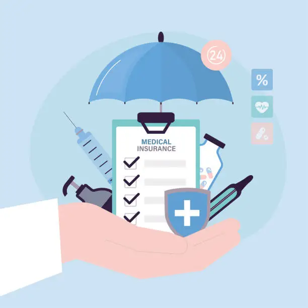 Vector illustration of Medical staff hand holding insurance policy, shield and umbrella. Medical and health insurance protection. Healthcare concept. Medicine service. Health care and support