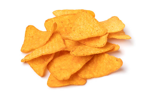 istock Heap of Tortilla Nacho Cheese Chips close up on white background 2058510118
